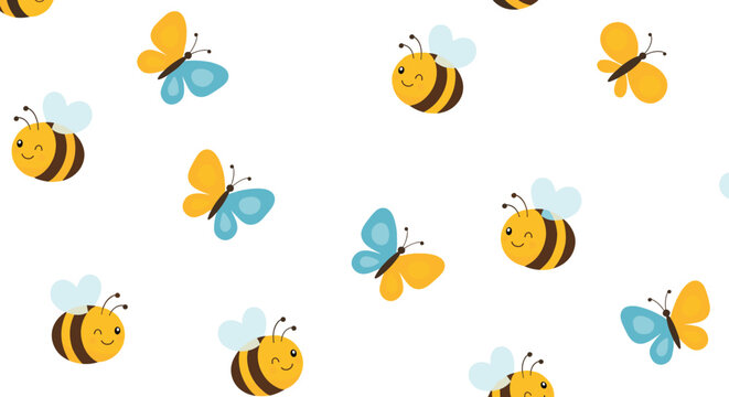 Colorful vector seamless pattern featuring happy buzzing bumblebees and fluttering butterflies on a white background.