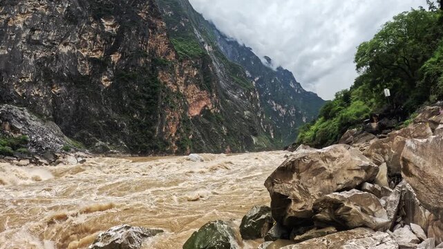 Raging Floodwaters Surge Past Rockslide Debris, Tiger Leaping Gorge, China