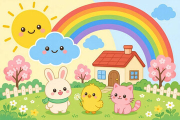 Fototapeta premium Cute spring landscape with animals. Cartoon bunny, chick and kitten in a sunny garden.