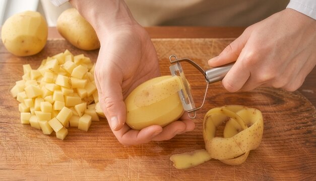 Close-up of hands peeling a raw yellow potato with a metal vegetable peeler over a rustic wooden cutting board, alongside a pile of freshly diced potato cubes.