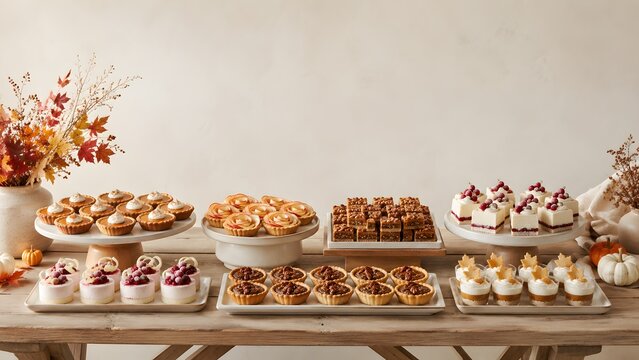 A festive dessert table filled with assorted holiday treats and pastries for a delicious thanksgiving day family celebration