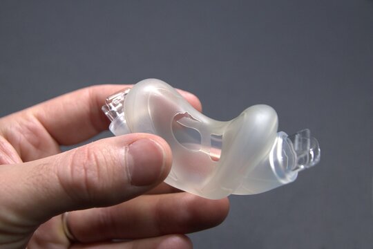 Broken nasal CPAP mask or broken nasal CPAP cradle cushion needs replacement for efficient sleep apnea disorder therapy.
Cracked CPAP nose mask cushion causes leakage and insufficient snoring therapy.