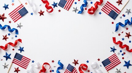 Fototapeta premium patriotic decorations scattered on white background with usa flags streamers and stars for fourth of july.