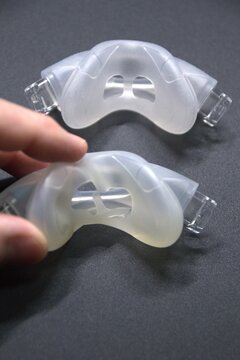 Broken nasal CPAP mask or broken nasal CPAP cradle cushion needs replacement for efficient sleep apnea disorder therapy.
Cracked CPAP nose mask cushion causes leakage and insufficient snoring therapy.