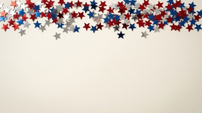 Beautiful border arrangement of shiny red white and blue metallic star confetti spread across plain off white background perfect for national patriotic event decor.