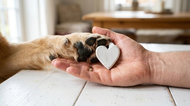 Close up of human palm with white heart symbol and dog paw resting on top as representation of unconditional love between animals and people in cozy room setting.
