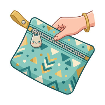 A hand with a golden bracelet holds a teal zipper pouch with a fun geometric pattern. The zipper pull tab features a cute cartoon face, adding a playful touch.
