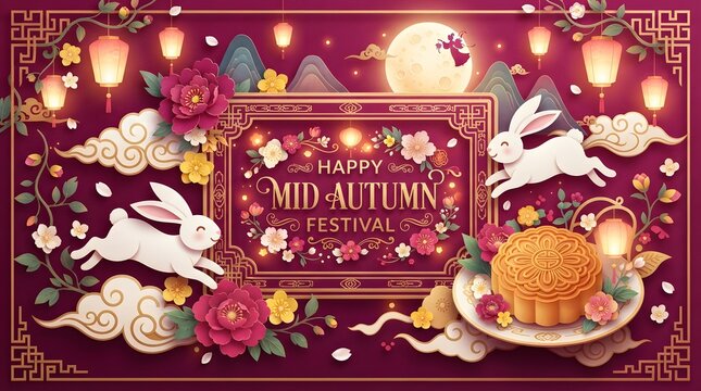 A beautifully illustrated festive background featuring traditional mooncakes and jumping rabbits to celebrate the mid autumn festival china with glowing lanterns and a full moon