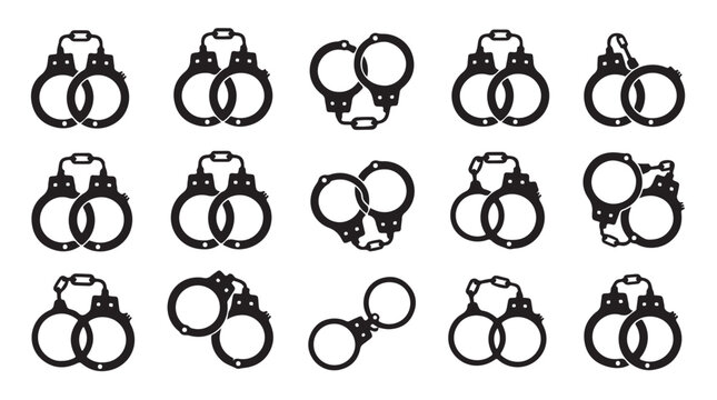 Collection of different black handcuffs icons in various poses isolated on transparent background.