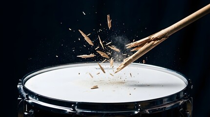 Naklejka premium Wooden drumstick breaking upon striking a snare drum head in studio