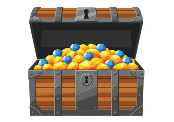 Open wooden treasure chest filled with sparkling gold coins and precious blue and yellow gemstones, depicting wealth and valuable loot. © Yekes Peodn