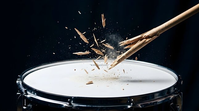 Wooden drumstick breaking upon striking a snare drum head in studio