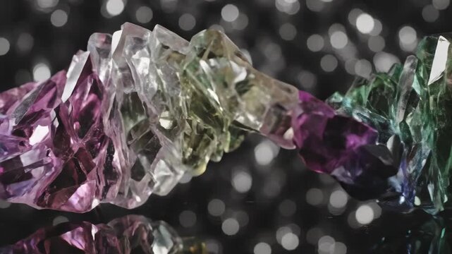 Macro View of Jagged Crystal Shards Forming Twisting Helix Structure with Magenta and Green Specular Highlights