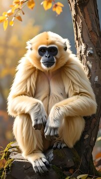 Gibbon Sitting on Rock.