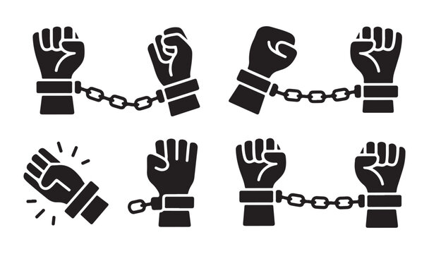 Set of black silhouette icons representing arrested hands and raised fists in handcuffs.