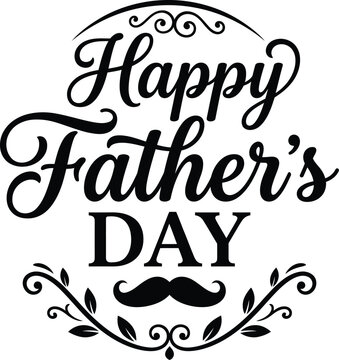 Happy fathers day typographic design with a mustache and elegant floral flourishes on a white background