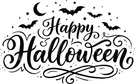 Happy halloween hand lettering typography design with flying bats and crescent moon on a white background