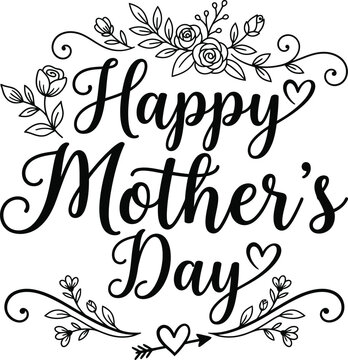 Elegant happy mothers day calligraphy greeting card design with floral flourishes and heart accents on white background