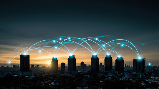 Futuristic smart city skyline digital network communication data connection urban technology modern highrise at sunset glowing blue lines connect skyscraper rooftop creating innovation energy