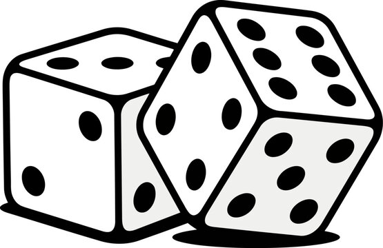 Black and white illustration of two dice showing different numbers on their faces representing chance or gambling isolated on white background for game or luck concept design