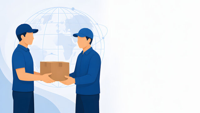 International Shipping Concept with Two Logistics Workers and Globe Vector