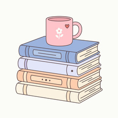 Charming illustration of a pink mug with a heart on top of a stack of colorful books, creating a cozy and inviting atmosphere for book lovers and coffee enthusiasts
