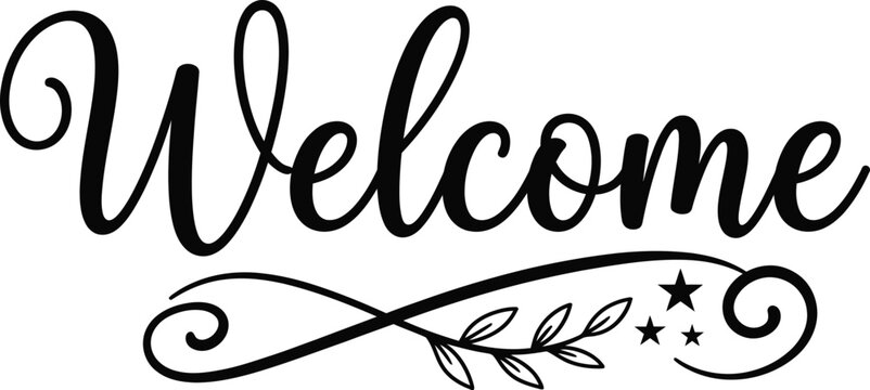 Elegant welcome lettering with decorative floral swirls and stars isolated on a clean white background