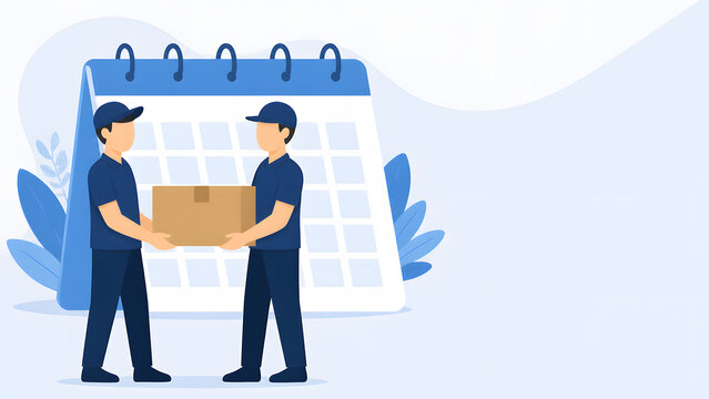Delivery Planning Concept with Two Male Couriers and Calendar Vector