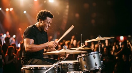 Naklejka premium Black male drummer performing energetic rock music on stage at a concert