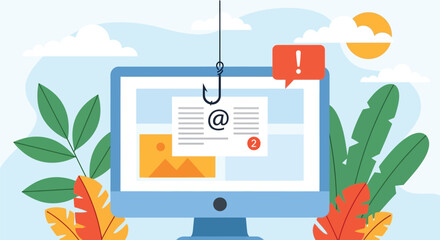 Email phishing scam concept illustration with computer screen being hooked by attacker trying to steal private personal user data for cyber security threat prevention. © Yekes Peodn