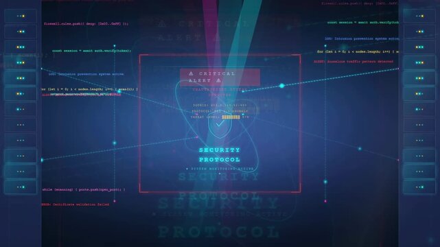 Futuristic Cyber Security HUD Interface with Critical Alert and Network Protocol Animation