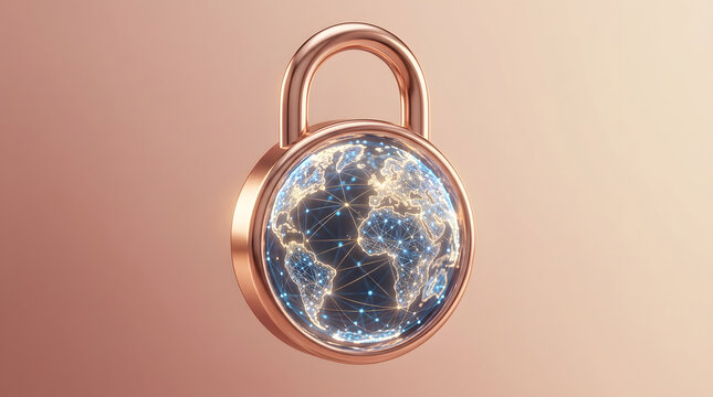 Global cyber security, padlock and world map for data protection, network safety and internet privacy. Metallic lock, planet earth and digital connection for server security, web defense and cloud.