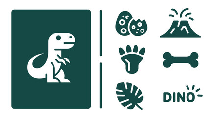 Title 2: Dinosaur icons showcasing dark teal minimalist vector graphics with brontosaurus, fossil bone, footprint, prehistoric egg, volcano, and leaf elements. © Rakib