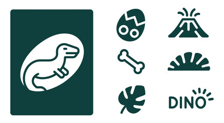 Title 1: Dinosaur icons featuring minimalist dark teal flat vector illustrations with brontosaurus, prehistoric egg, footprint, fossil bone, volcano, leaf, and text. © Rakib