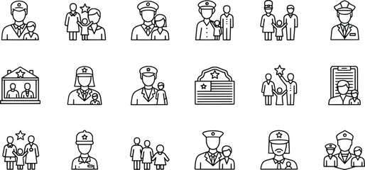 Fototapeta premium Black family service silhouettes, military police vector illustration set, authority recognition design collection, protection icons, institutional artwork graphics
