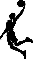 Silhouette of a basketball player performing a slam dunk in midair isolated on white background for sports design and educational purposes in a simple and minimalist style © Collect Silhouettes
