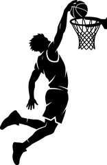 Silhouette of a basketball player performing a slam dunk isolated on white background, showcasing athleticism and dynamic movement in a sports action pose, perfect for sports enthusiasts © Collect Silhouettes