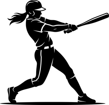 Silhouette of a female softball player swinging a bat in action pose isolated on white background for sports and athletic performance concepts