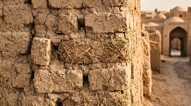 Ancient Iranian mud brick wall texture showing sun dried straw