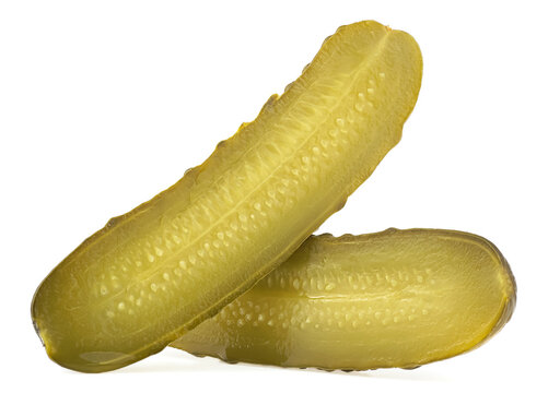 Fresh gherkins - two pieces of tasty pickled cucumber slices isolated on a white background.