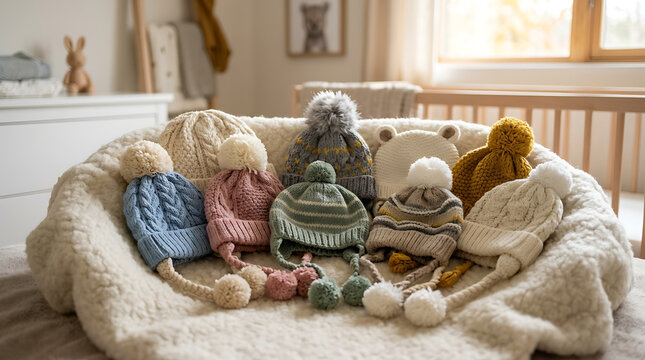 A collection of hand-knitted baby hats with fluffy pom-poms and ear flaps, showcasing winter warmth and adorable style