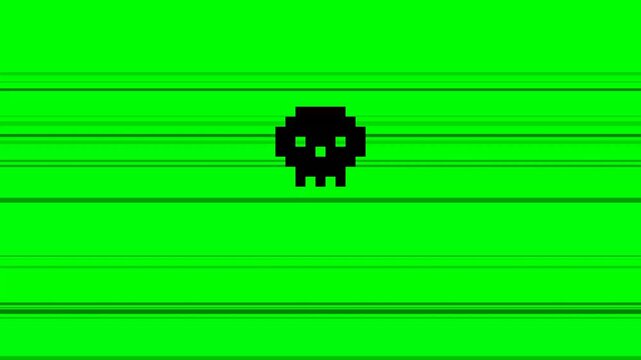 Retro Pixel Art Skull Glitch Animation on Green Background.