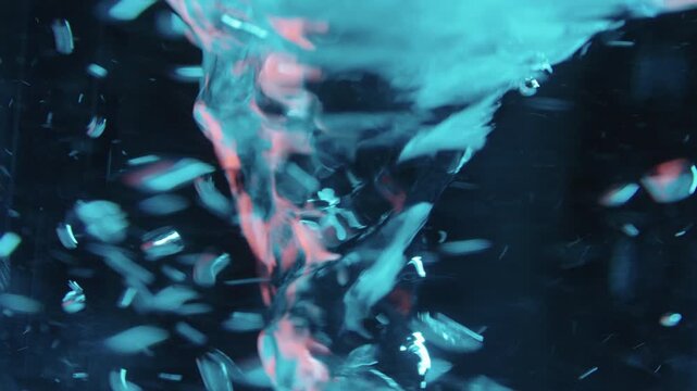 Abstract blue and orange liquid vortex side view, cinematic futuristic flow