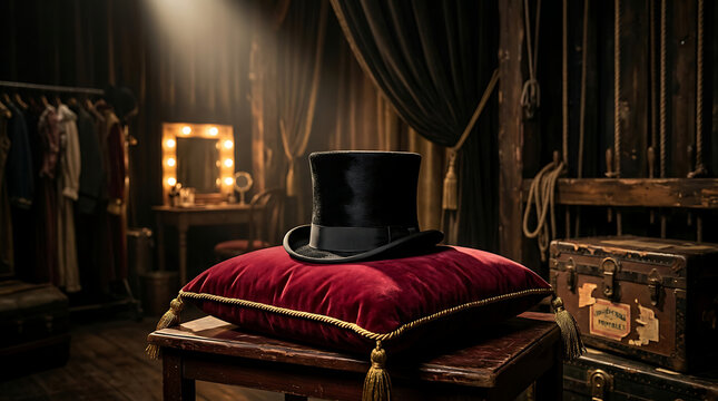 Classic Black Top Hat Resting On Ornate Red Velvet Cushion In Vintage Dressing Room
