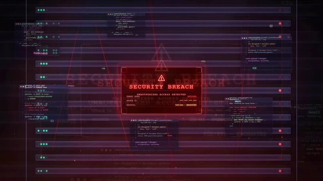 Cyber Security Breach Warning Alert on Digital Code Interface Background