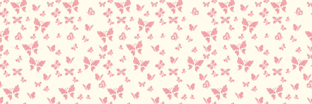 Hand drawn cross-stitch embroidery seamless pattern. Red rose flower ornament. Trendy craft  and artisan intelligence background.