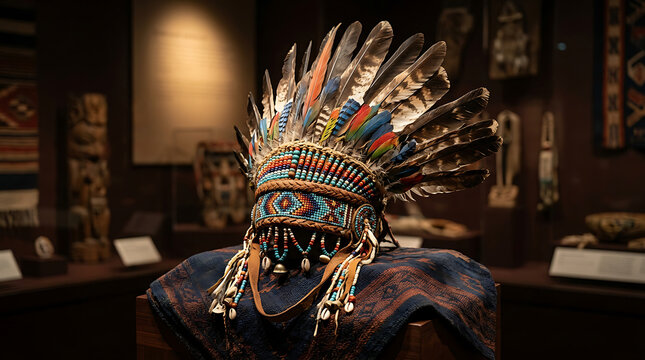 Intricate Native American Warbonnet Headdress Adorned with Feathers and Beads on Display