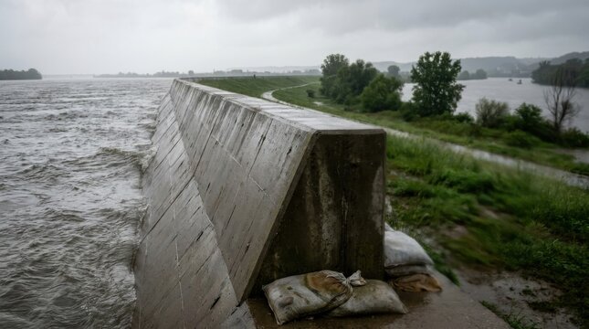 Flood Protection: Reinforced river levee preventing erosion during high water 