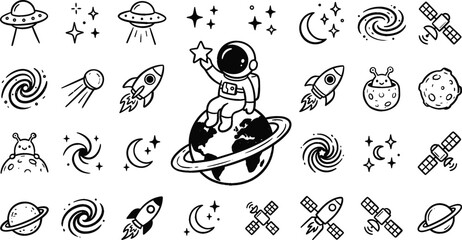 hand drawn outer space doodles collection with cute astronaut rocket ufo planets stars and satellites isolated on white background  © MstMonjila