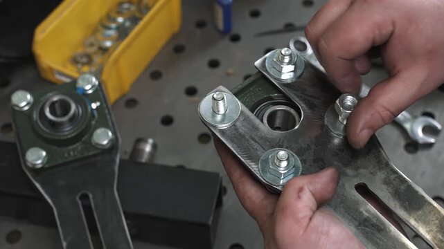 An engineer assembles a transmission mechanism with a bearing. He inserts bolts into the grooves, installs washers, and tightens the nuts with a hex wrench. Then checks the mechanism's functionality